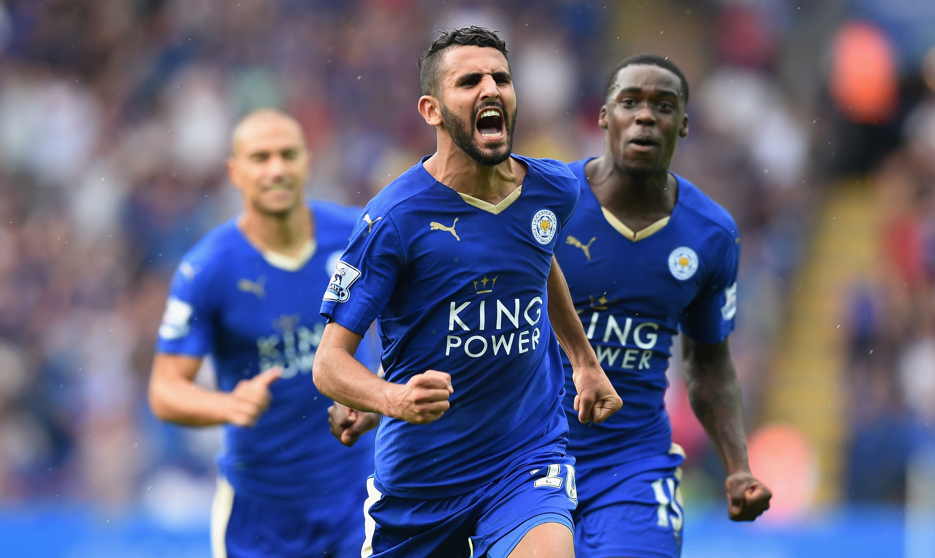 LEICESTER, ENGLAND - AUGUST 22: Riyad Mahrez of Leicester City celebrates scoring his team's first goal during the Barclays Premier League match between Leicester City and Tottenham Hotspur at The King Power Stadium on August 22, 2015 in Leicester, England. (Photo by Michael Regan/Getty Images)