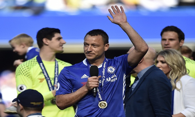 Chelsea's John Terry speaks to the fans after his last appearance for the club