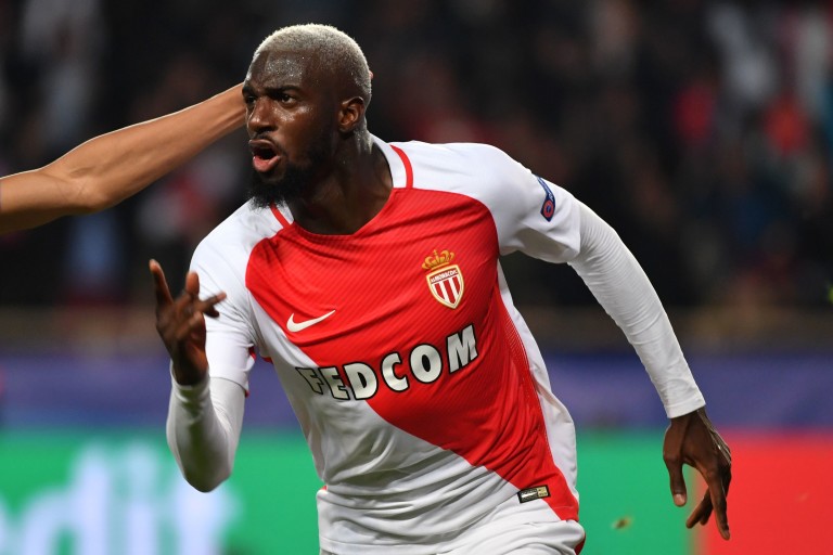 Monaco's French midfielder Tiemoue Bakayoko celebrates after scoring a goal during the UEFA Champions League round of 16 football match between Monaco and Manchester City at the Stade Louis II in Monaco on March 15, 2017. / AFP PHOTO / Pascal GUYOT (Photo credit should read PASCAL GUYOT/AFP/Getty Images)