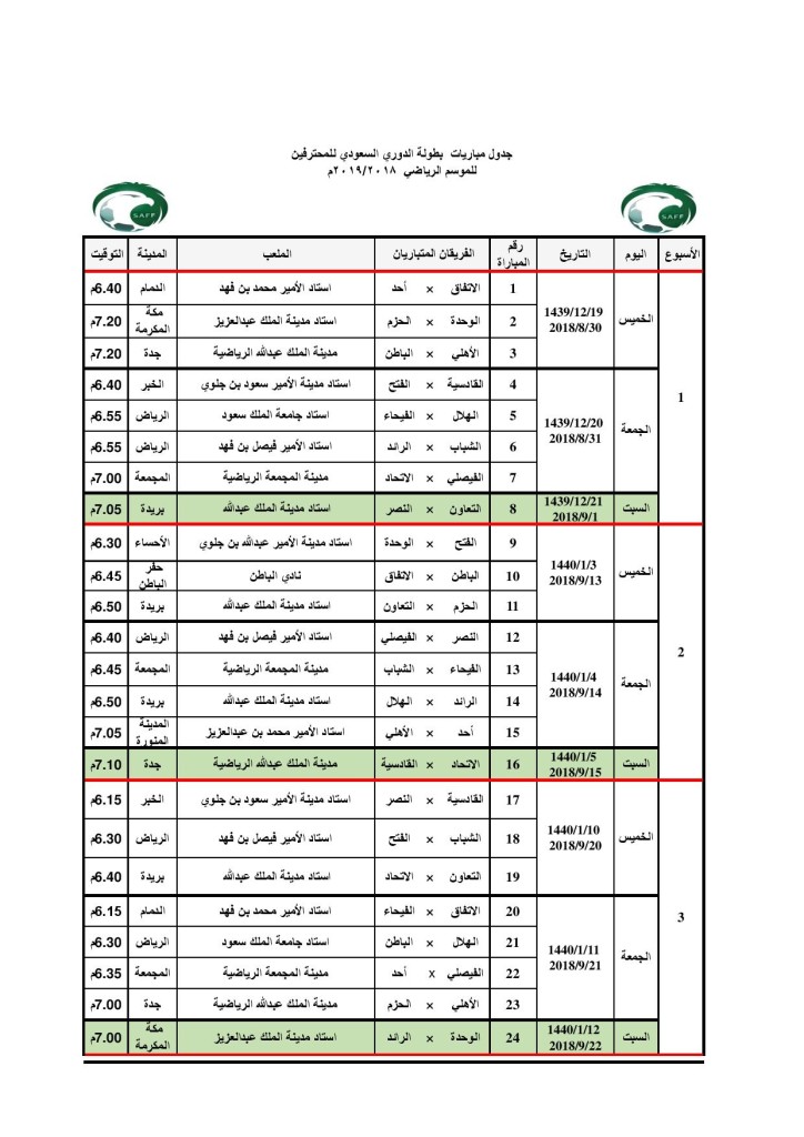 مواعيد وجدول مباريات الدوري السعودي 2018 2019 سبورت 360