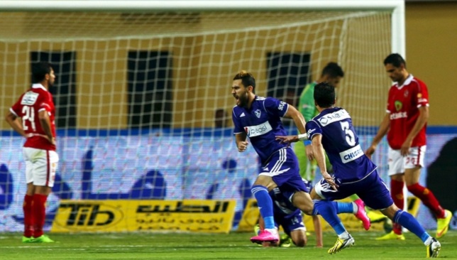 Basem Mursi of El Zamalek celebrates a goal during their Egyptian Cup finals derby soccer match against Al Ahly at Petro Sport stadium in Cairo