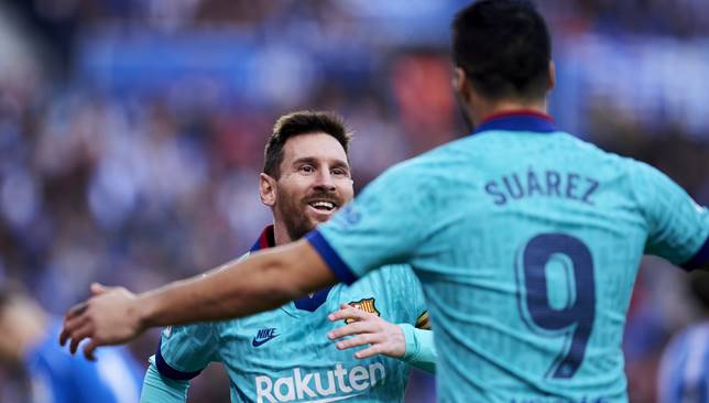 SAN SEBASTIAN, SPAIN - DECEMBER 14: Luis Suarez of FC Barcelona celebrates with teammate Lionel Messi after scoring his team's second goal during the Liga match between Real Sociedad and FC Barcelona at Estadio Anoeta on December 14, 2019 in San Sebastian, Spain. (Photo by Juan Manuel Serrano Arce/Getty Images)